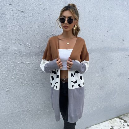 Longline Color-Block Cardigan with Leopard Print Patchwork