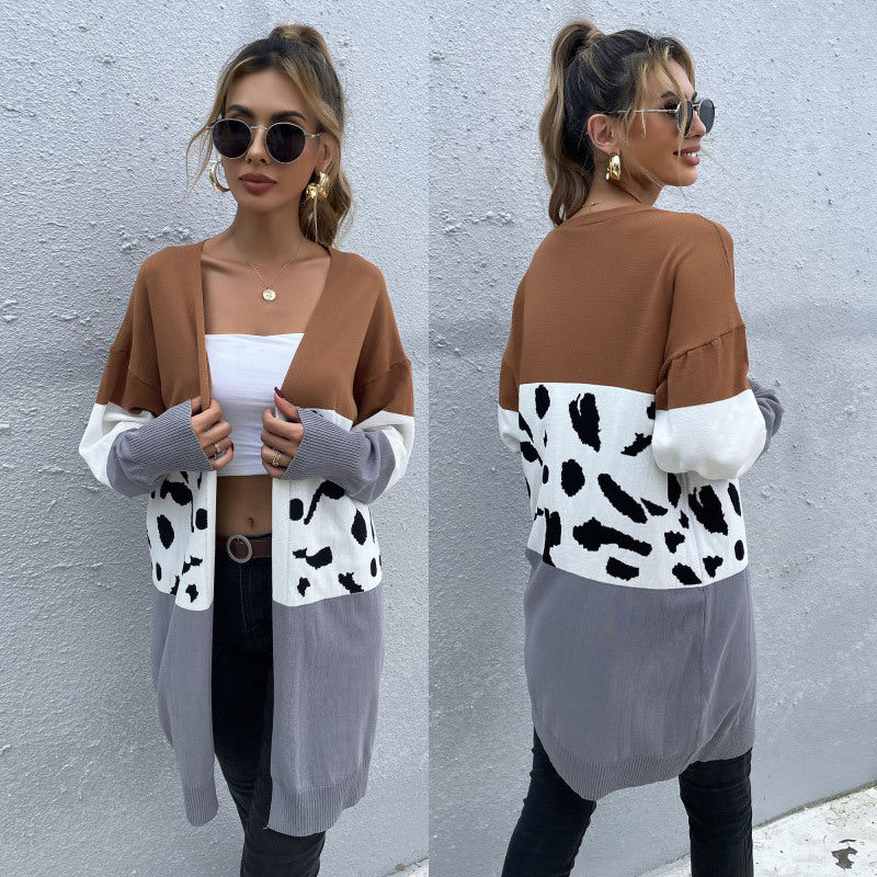 Longline Color-Block Cardigan with Leopard Print Patchwork
