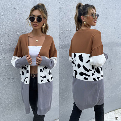 Longline Color-Block Cardigan with Leopard Print Patchwork