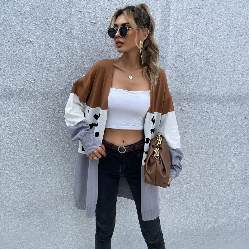 Longline Color-Block Cardigan with Leopard Print Patchwork