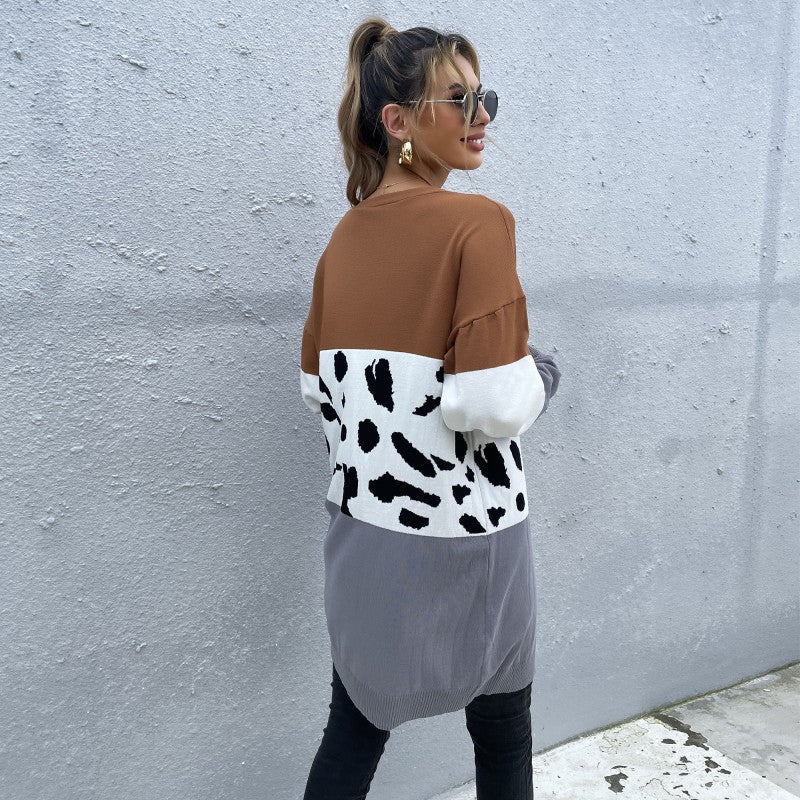Longline Color-Block Cardigan with Leopard Print Patchwork