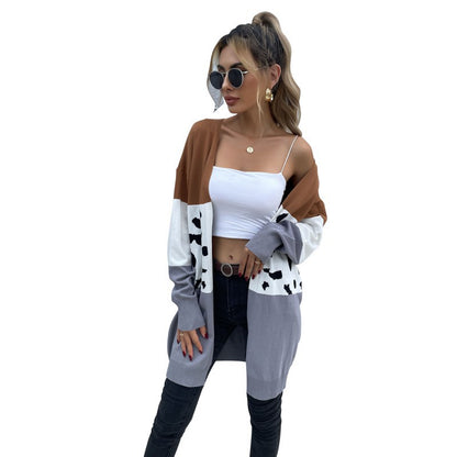 Longline Color-Block Cardigan with Leopard Print Patchwork