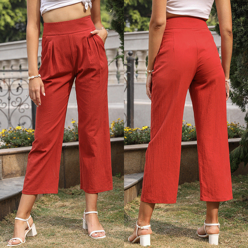 High-Waist Wide-Leg Cropped Pants with Front Pleats