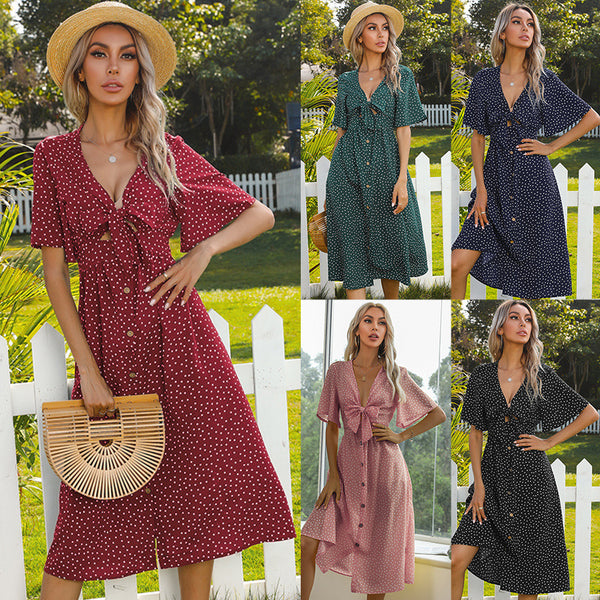 Polka Dot A-Line Midi Dress with Tie-Front and Flutter Sleeves