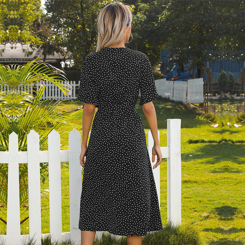Polka Dot A-Line Midi Dress with Tie-Front and Flutter Sleeves