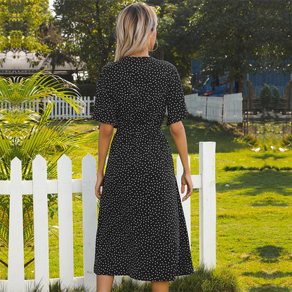 Polka Dot A-Line Midi Dress with Tie-Front and Flutter Sleeves