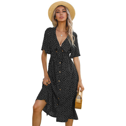 Polka Dot A-Line Midi Dress with Tie-Front and Flutter Sleeves