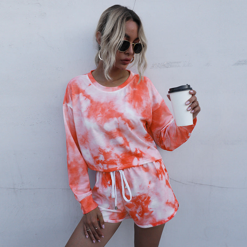 Tie-Dye Two-Piece Set with Long Sleeve Top and Dolphin Shorts