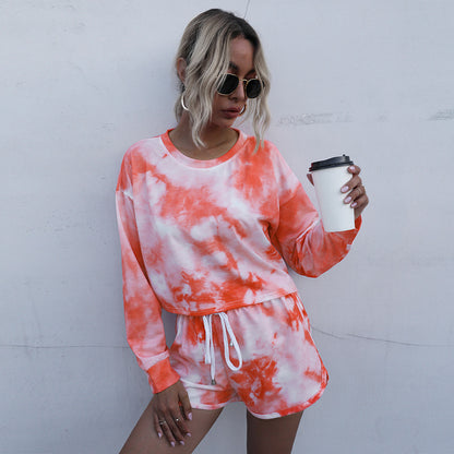 Tie-Dye Two-Piece Set with Long Sleeve Top and Dolphin Shorts