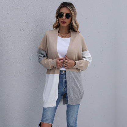 Color-Blocked Loose Knit Cardigan with V-Neck