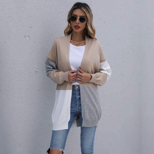 Color-Blocked Loose Knit Cardigan with V-Neck