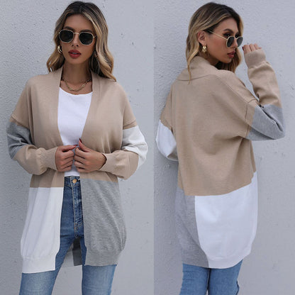 Color-Blocked Loose Knit Cardigan with V-Neck