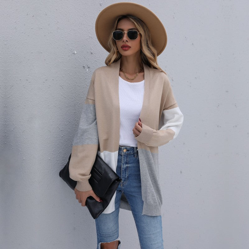 Color-Blocked Loose Knit Cardigan with V-Neck