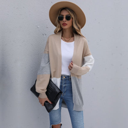 Color-Blocked Loose Knit Cardigan with V-Neck