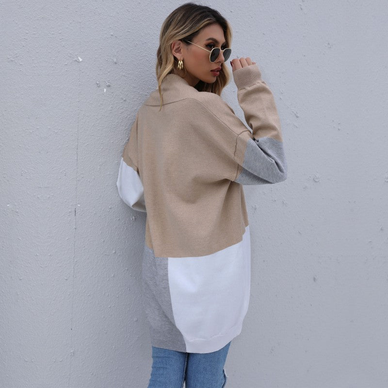Color-Blocked Loose Knit Cardigan with V-Neck
