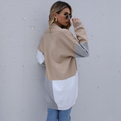 Color-Blocked Loose Knit Cardigan with V-Neck