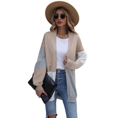 Color-Blocked Loose Knit Cardigan with V-Neck