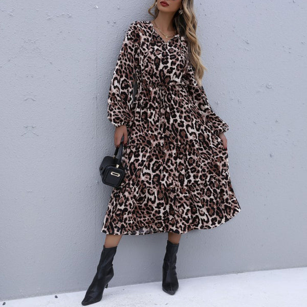 Leopard Print Tiered Midi Dress with V-Neck and Long Sleeves