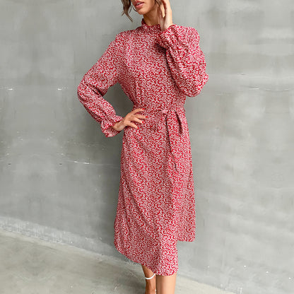 Ditsy Print A-Line Midi Dress with Mock Neck and Tie Waist
