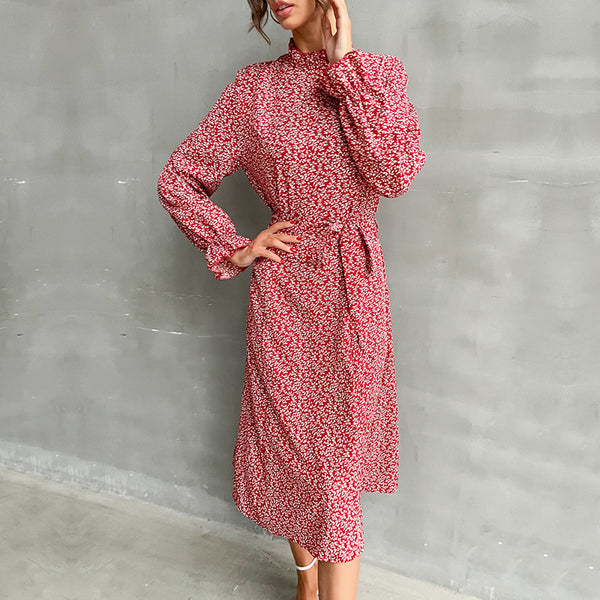 Ditsy Print A-Line Midi Dress with Mock Neck and Tie Waist
