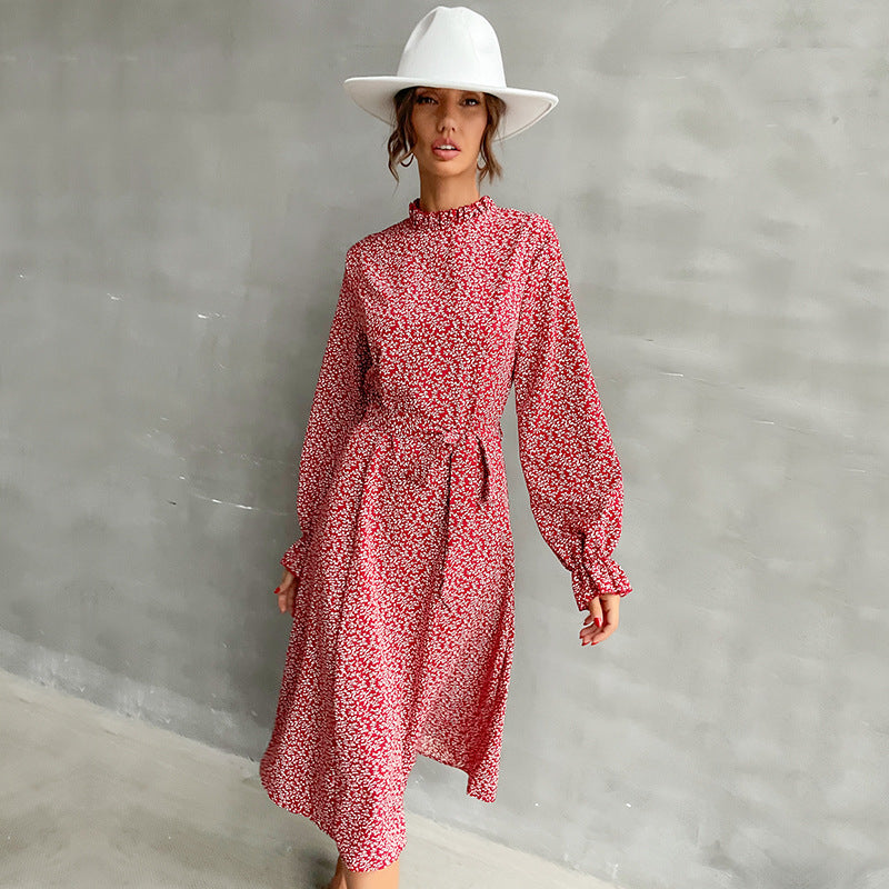 Ditsy Print A-Line Midi Dress with Mock Neck and Tie Waist