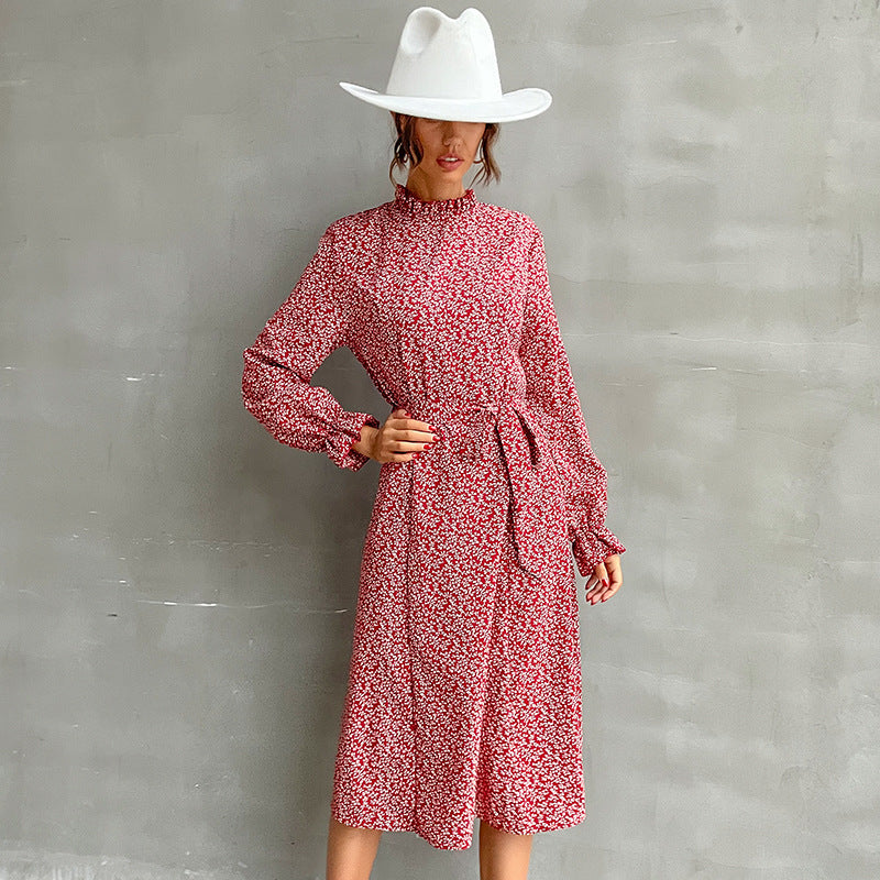 Ditsy Print A-Line Midi Dress with Mock Neck and Tie Waist