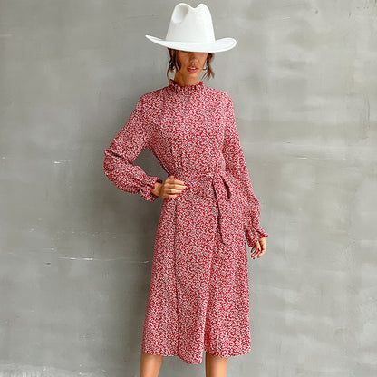 Ditsy Print A-Line Midi Dress with Mock Neck and Tie Waist