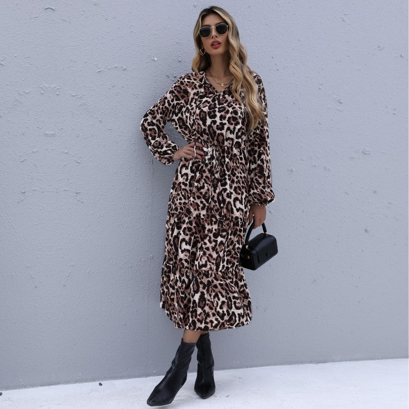 Leopard Print Tiered Midi Dress with V-Neck and Long Sleeves