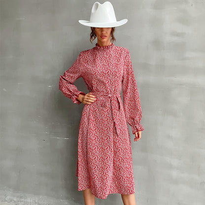 Ditsy Print A-Line Midi Dress with Mock Neck and Tie Waist