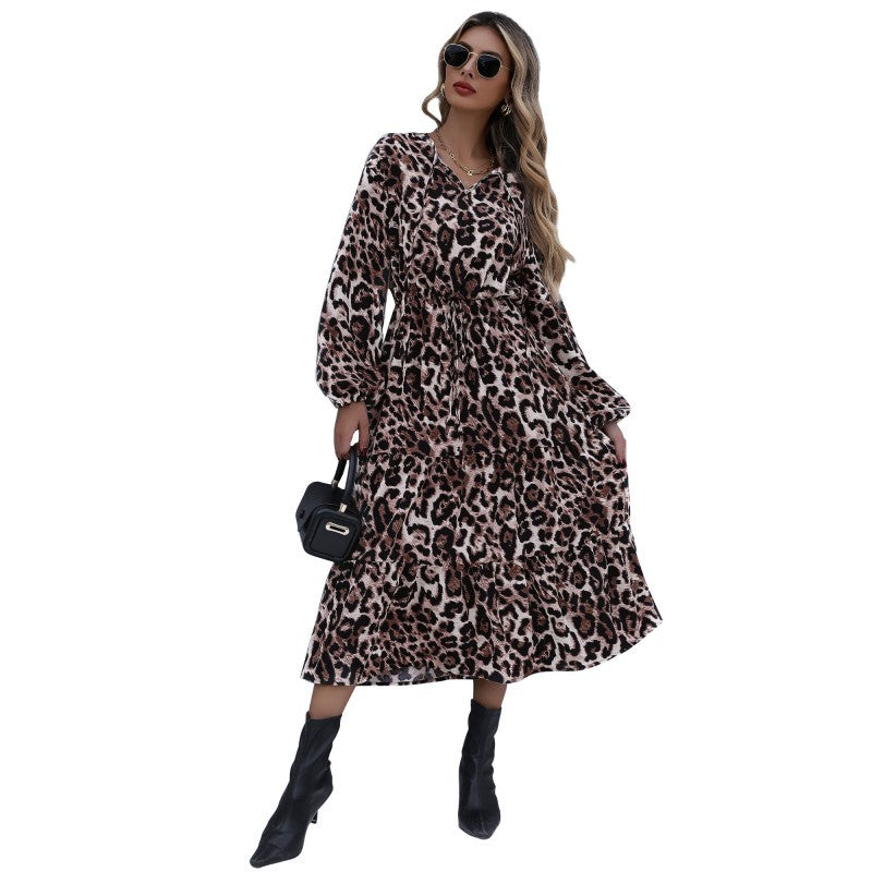 Leopard Print Tiered Midi Dress with V-Neck and Long Sleeves