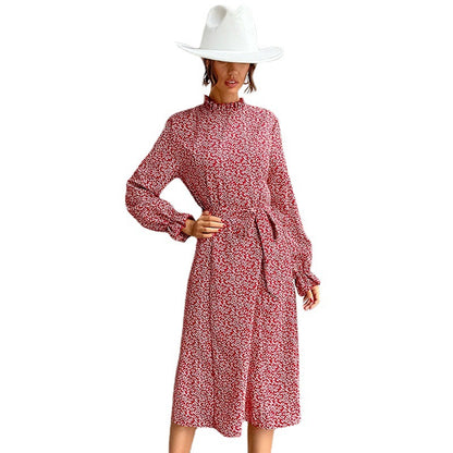 Ditsy Print A-Line Midi Dress with Mock Neck and Tie Waist