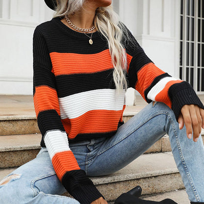 Loose Striped Pullover Sweater with Crewneck and Long Sleeves