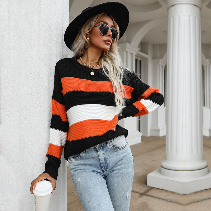 Loose Striped Pullover Sweater with Crewneck and Long Sleeves
