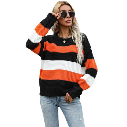 Loose Striped Pullover Sweater with Crewneck and Long Sleeves