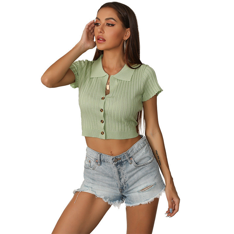Short-Sleeve Ribbed Knit Polo Top with Button Front