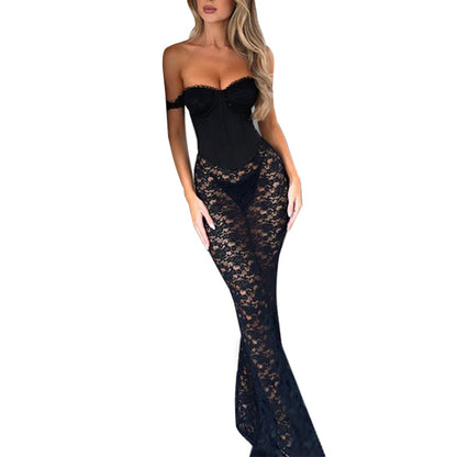 Off-Shoulder Lace Jumpsuit with Corset Bodice and Flare Leg