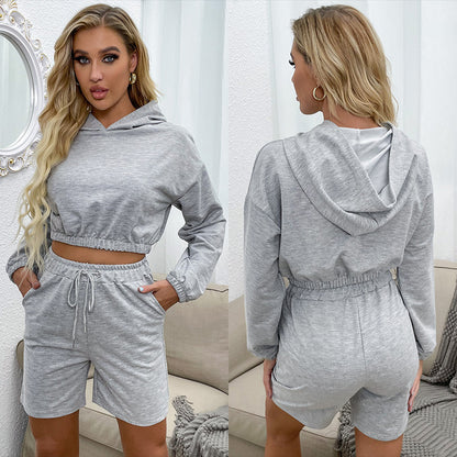 Solid Cropped Hoodie and Drawstring Shorts Set