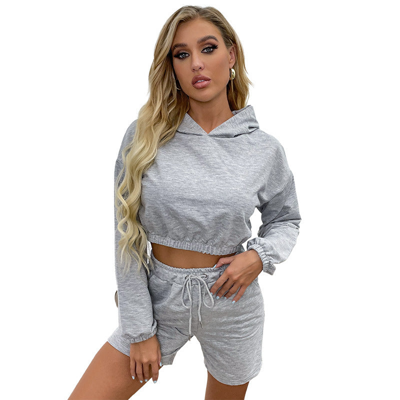Solid Cropped Hoodie and Drawstring Shorts Set