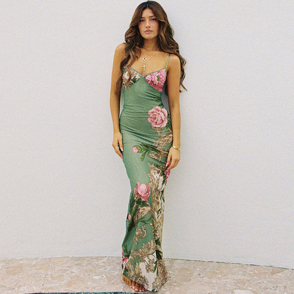 Floral Print Bodycon Maxi Dress with V-Neck and Spaghetti Straps