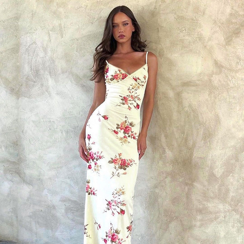 Floral Print Bodycon Maxi Dress with V-Neck and Spaghetti Straps