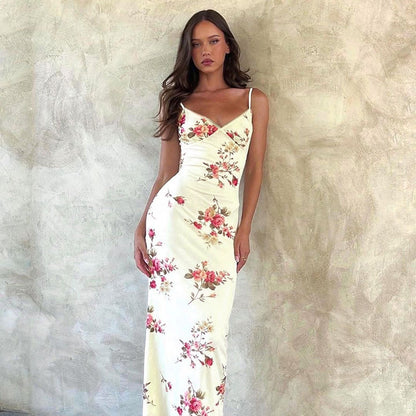 Floral Print Bodycon Maxi Dress with V-Neck and Spaghetti Straps