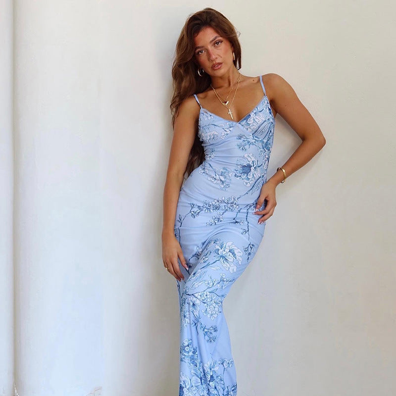 Floral Print Bodycon Maxi Dress with V-Neck and Spaghetti Straps