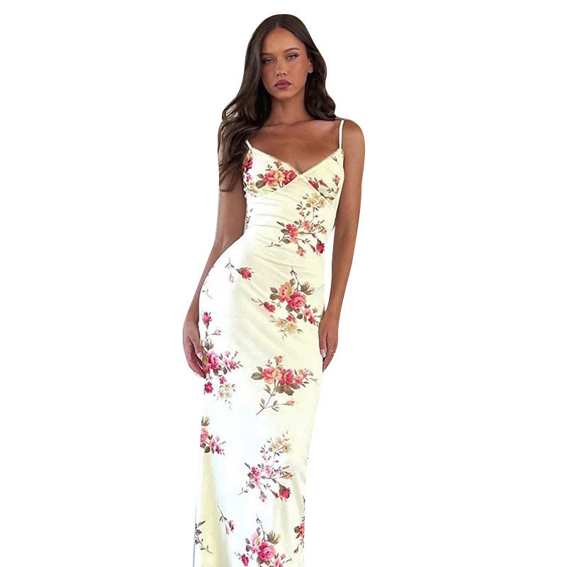 Floral Print Bodycon Maxi Dress with V-Neck and Spaghetti Straps