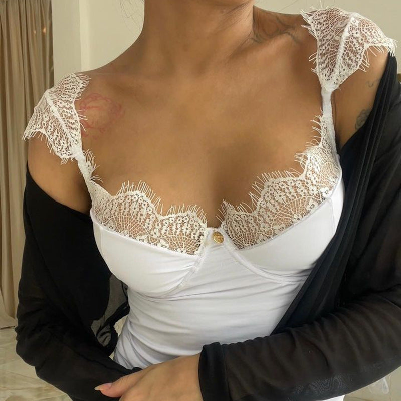 Slim Fit Camisole with Eyelash Lace Trim and Bustier Detail