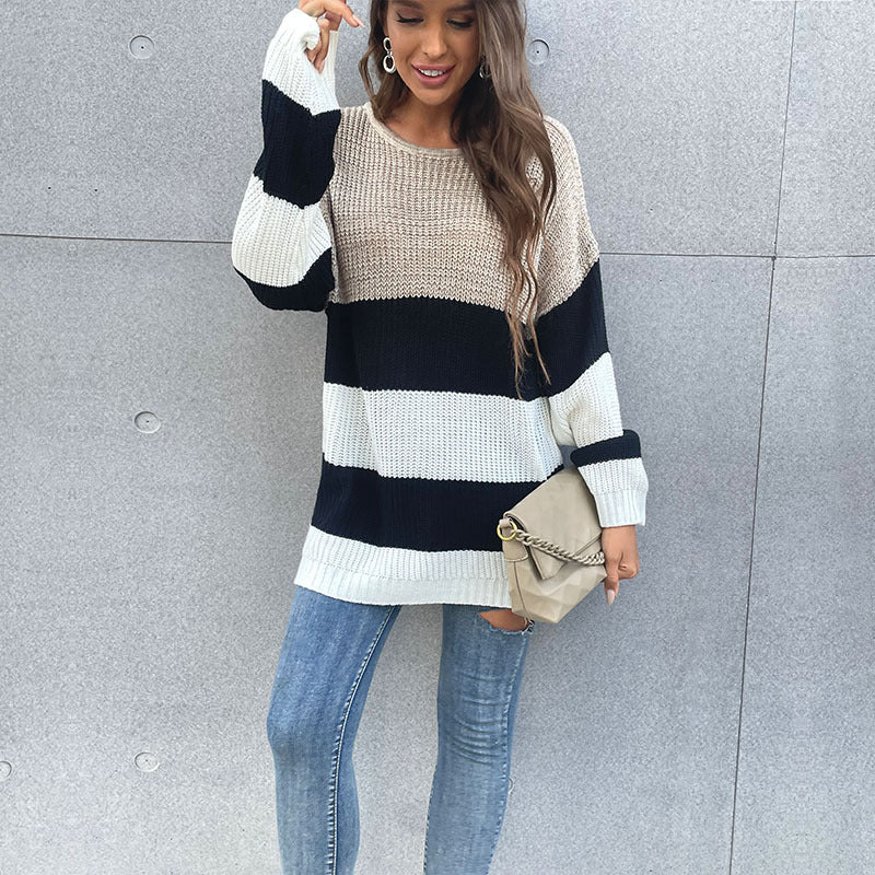 Oversized Striped Mid-Length Sweater with Crewneck