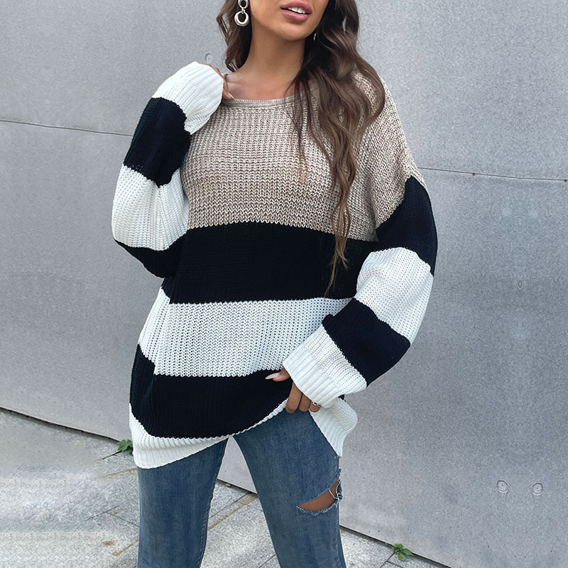 Oversized Striped Mid-Length Sweater with Crewneck