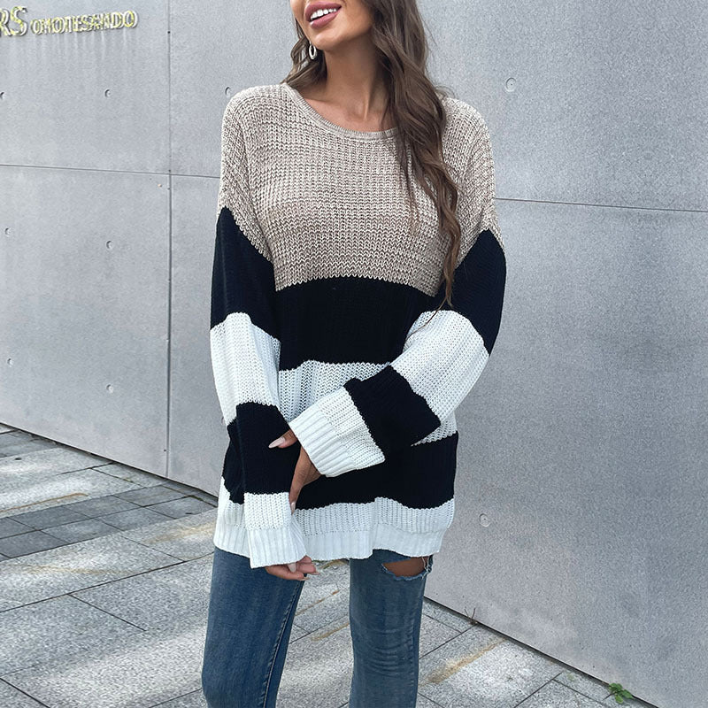 Oversized Striped Mid-Length Sweater with Crewneck