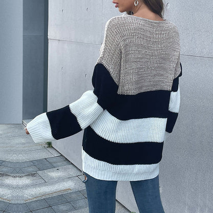 Oversized Striped Mid-Length Sweater with Crewneck