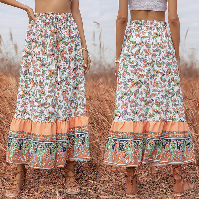 Paisley Print A-Line Maxi Skirt with Tassel Drawstring