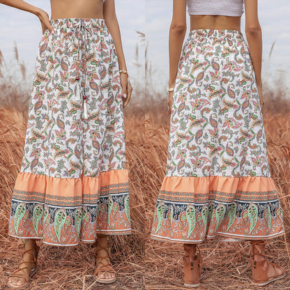 Paisley Print A-Line Maxi Skirt with Tassel Drawstring